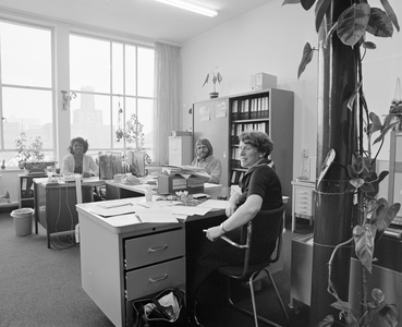 882590 Afbeelding van drie medewerkers op de afdeling administratie in het kantoorgebouw van de R.E.M.U. (Nicolaas ...